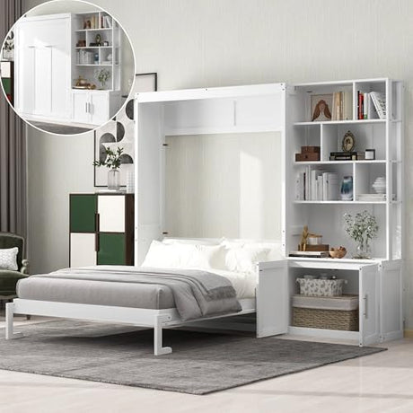 Merax 83.8" Tall Solid Wood Full Size Murphy Bed Cabinet with Multiple Storage Shelves and Cabinet, Foldable Hidden Platform Bedframe for Home, Bedroom, Small Room, Apartment Merax