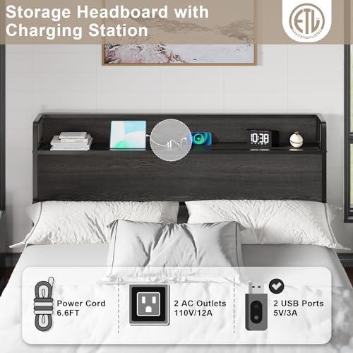 AMERLIFE King Size Lift Up Storage Bed Frame, Wooden Platform Bed Frame with Lifting Storage & Charging Station, No Spring Box Needed/Noise Free, Black AMERLIFE
