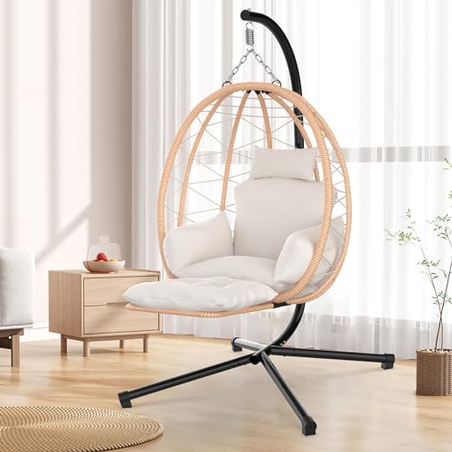 Slendor Egg Chair with Stand & Leg Rest, Rattan Wicker Swing Chair with UV Resistant Cushion and Pillow, for Indoor Outdoor Bedroom Patio Hanging Basket Chair 370lbs Capacity