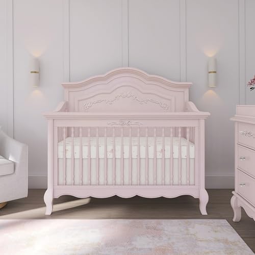 Evolur Aurora 5-in-1 Convertible Full-Size Baby Crib in Dusty Rose, GreenGuard Gold & JPMA, 3 Mattress Heights, Ribbon Bow Scrollwork & Queen Anne Feet, Converts to Toddler, Day & Full-Size Bed