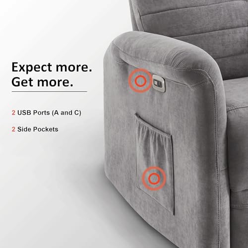 MCombo Power Swivel Glider Recliner Chair, Electric Rocker Recliner Chairs with USB Charging Ports for Living Room and Nursery, Fabric 7763 (Light Grey)