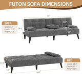 Shintenchi Futon Sofa Bed, Velvet Foldable Couch Reclining Sleeper w/Removable Armrests, Upholstered Loveseat w/Folding Cup Holders for Home, Office, Dark Gray Shintenchi