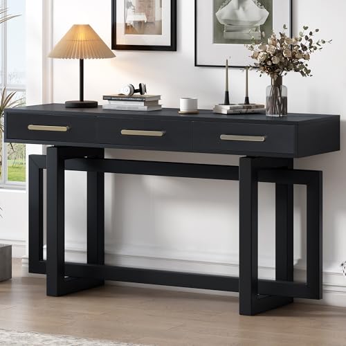 Contemporary Modern Entryway Console Table 57-Inch Extra Long Entry Sofa Table with Storage Drawers for Living Room Hallway, Black Amposei