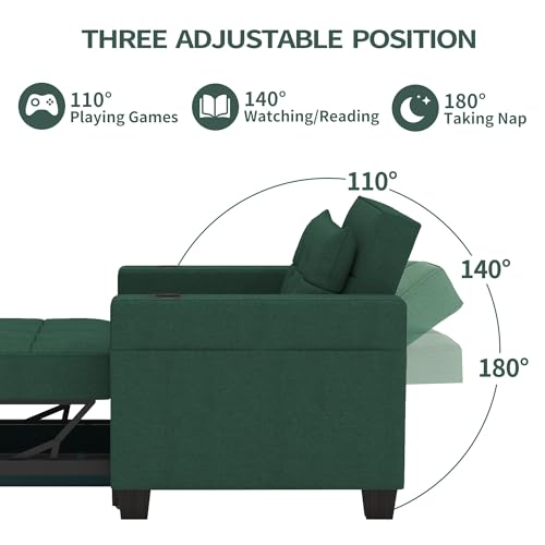 DURASPACE Futon Sofa Bed, 3 in 1 Convertible Sofa Chair Bed, Adjustable Backrest Chair, Chaise Lounge with USB Ports, Cup Holder, Side Pocket, Storage Box (Green) DURASPACE