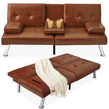 Best Choice Products Faux Leather Upholstered Modern Convertible Futon, Adjustable Folding Sofa Bed, Guest Bed w/Removable Armrests - Medium Brown Best Choice Products