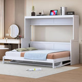 Full Horizontal Murphy Bed with Desk,Solid Wood Folding Hideaway Murphy Wall Bed for Adult,Guest Room (White) MERITLINE