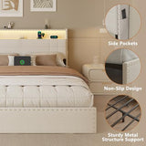 Forestell Queen Bed Frame with 4 Drawers and Storage Headboard, Upholstered Platform Bed Frame Queen Size with LED Lights and Charging Station, Metal Slats Support, No Box Spring Needed, Beige Forestell