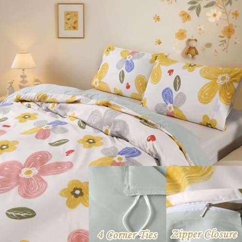 MAG 3pcs Floral Bedding Duvet Cover Set Full,Boho Duvet Cover Colorful,Flower Duvet Cover Set for Toddler, Kids, Girls, Super Cute Microfiber (no Comforter) (Yellow, Full) MAG