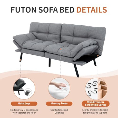 MUUEGM Futon Sofa Bed，Memory Foam Futon Convertible Couch Bed, Sofa Bed Couch,Modern Loveseat Sofa,Sleeper Couch for Small Space，Apartment, Living Room,Adjustable Backrests Armrests,Light Grey MUUEGM