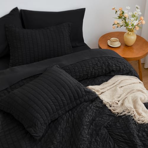 Love's cabin Seersucker Black King Size Comforter Set, 7-Piece All Season Lightweight Bed in a Bag Bedding Set with Comforter, Flat Sheet, Fitted Sheet, Pillowcases and Shams Love's cabin