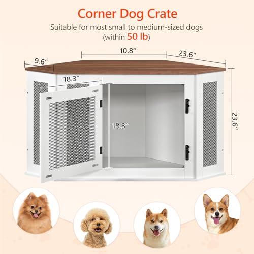 MAHANCRIS Corner Dog Crate Furniture, Wooden Dog Kennel End Table, Decorative Pet Crate Indoor Use, Furniture Style Dog House for Small Medium Dog, Dog Cage TV Stand, White and Walnut DCBA0801 MAHANCRIS