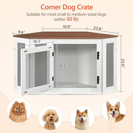 MAHANCRIS Corner Dog Crate Furniture, Wooden Dog Kennel End Table, Decorative Pet Crate Indoor Use, Furniture Style Dog House for Small Medium Dog, Dog Cage TV Stand, White and Walnut DCBA0801 MAHANCRIS