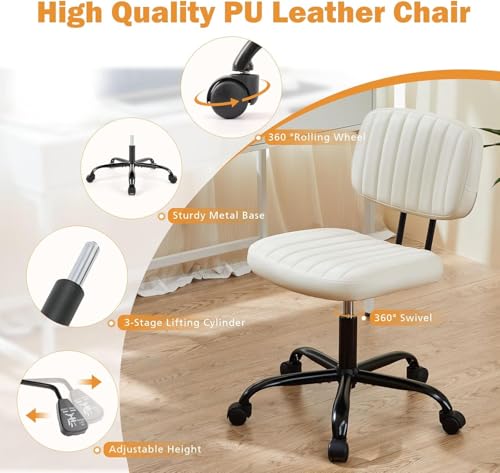 Sweetcrispy Small Office Desk Chair - Armless PU Leather with Comfy Lumbar Support, Height Adjustable Rolling Swivel Task for No Arms, for Adult, Student, Bedroom, Home, Vanity, Beige White Sweetcrispy