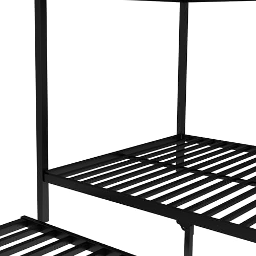 Bellemave Metal Bunk Bed with Trundle, Full Over Full Bunk Trundle and Guardrail and Ladder for Kids/Teenagers, Adults, No Box Spring Needed，Black Bellemave