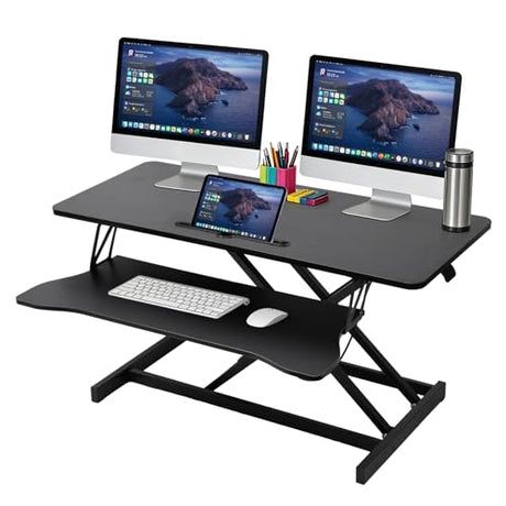 37 Inch Standing Desk Converter - Manual Pneumatic Spring, Two Monitor Stable Standing Desk Converter, 5.9" to 18.8" Height Adjustable Laptop Workstation with Keyboard Tray for Home, Company(Black) Generic