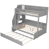 Merax Twin Over Full Bunk Bed Frame with Trundle & Storage Staircase, Wood Platform Bed with Storage Shelves & Guardrail & Charging Station for Bedroom Dorm Guest Room, No Box Spring Needed, Gray Merax