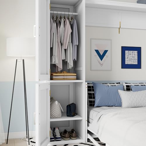 RuiSiSi Queen Size Murphy Bed with Wardrobe, Space-Saving Hidden Wall Bed Frame with Desk and Gas Struts, Wood Murphy Cabinet Bed with Charging Station, No Box Spring Needed, Easy Assembly, White RuiSiSi