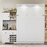 Merax Queen Size Murphy Bed, Wood Murphy Bed with Storage Cabinet, Wine Rack, Glass Holder, Drawers and Multi-Color LED Strip, White Merax