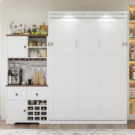 Merax Queen Size Murphy Bed, Wood Murphy Bed with Storage Cabinet, Wine Rack, Glass Holder, Drawers and Multi-Color LED Strip, White Merax