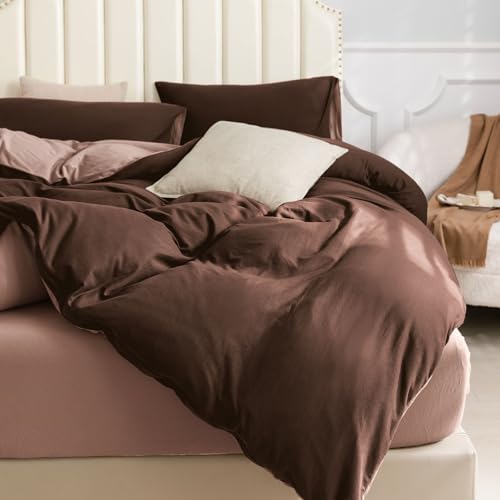 PURE ERA Jersey Knit Duvet Cover Set 100% T-Shirt Cotton Super Soft Comfy 3pc Bedding Set with Zipper Closure (Petal Pink/Dark Brown, Queen, 90"X90") PURE ERA