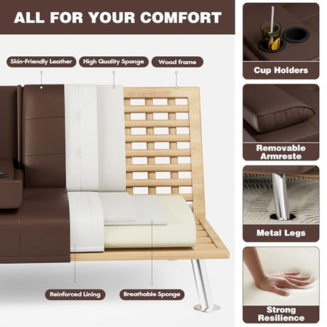 JUMMICO Faux Leather Futon Sofa Bed Futon Couch with Removable Armrests Adjustable Sleeper Sofa Bed with 2 Cup Holders for Living Room (PU Leather, Brown) JUMMICO