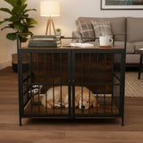 41 Inch Dog Crate Furniture for Large Dogs, Wooden Indoor Dog Cage with Double Doors, Built-in 360° Swivel Bowls, Comfortable Flat Floor, Rustic Style End Table Kennel Zoolati