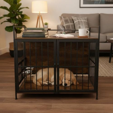 41 Inch Dog Crate Furniture for Large Dogs, Wooden Indoor Dog Cage with Double Doors, Built-in 360° Swivel Bowls, Comfortable Flat Floor, Rustic Style End Table Kennel Zoolati