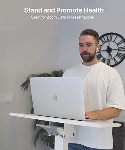 OCOMMO Mobile Podium - Pneumatic Standing Desk with 30 Degree Tilting Top, Adjustable Podium Stand, Lectern Portable with Wheels, Perfect for Lectures, Meetings, and Computer Use, White OCOMMO