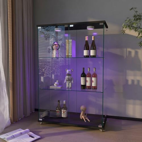 WHLIHUSU Glass Display Cabinet with LED Lights - Curio Cabinet with Glass Doors for Collectibles, Quick Assembly, Tempered Bookshelf, for Living Room and Bedrooms, 2-Door 3-Shelfs, White WHLIHUSU