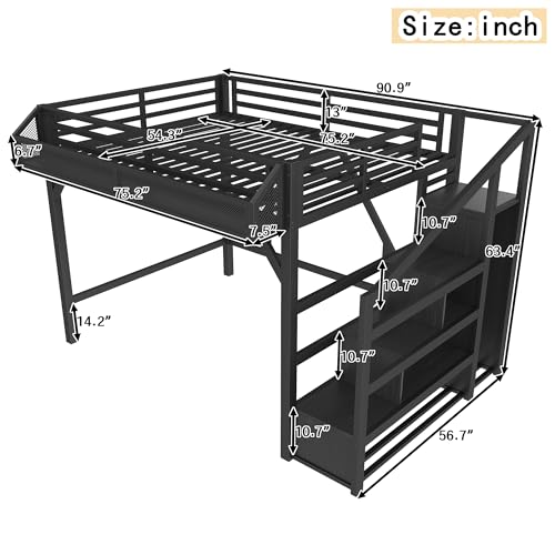 Bellemave Full Loft Beds with Storage Beside Shelves and Wardrobe, Metal Loft Bed with LED Lights and USB Ports, Heavy-Duty Loft Bed Frame for Teens, Adults, Noise-Free & Space-Saving, Black Bellemave