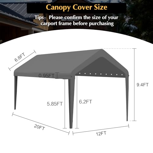 GOTRUTH 12x20 Canopy Replacement Cover, Carport Replacement Top Cover for 12' x 20' Frame, 800D Heavy Duty Waterproof & UV Protected Car Canopy with Ball Bungees (Frame is not Included) (Gray) GOTRUTH