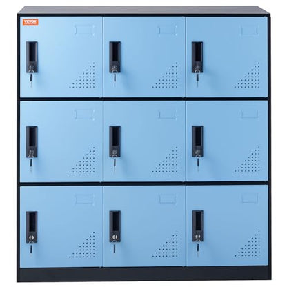 VEVOR Metal 9 Doors Cabinet with Card Slot, Employee Keys, 66lbs Loading Capacity Storage Lockers for Office, Home, School, Gym, Black-Blue - WoodArtSupply