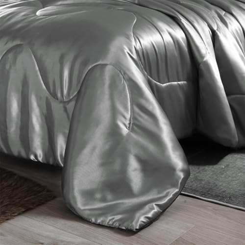 Holawakaka Luxurious Solid Satin Silk Like Comforter Set Ultra Soft Silky Quilt Breathable Bedding Bed-in-A-Bag King Size (Grey) Holawakaka