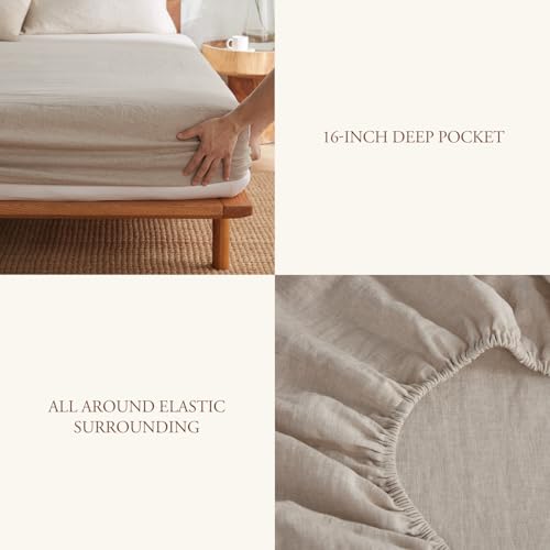 DAPU Pure Linen Sheets Set, 100% French Linen from Normandy, Breathable and Durable for Hot Sleepers, 4 Pcs Queen Size Sheets Set - 1 Flat Sheet, 1 Fitted Sheet, 2 Pillowcases (Natural Linen, Queen) DAPU