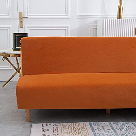 Armless Sofa Bed Cover Futon Slipcover Velvet Stretch Spandex Folding Sofa Couch Non-Armrest Furniture Protector (Velvet Orange) MIFXIN