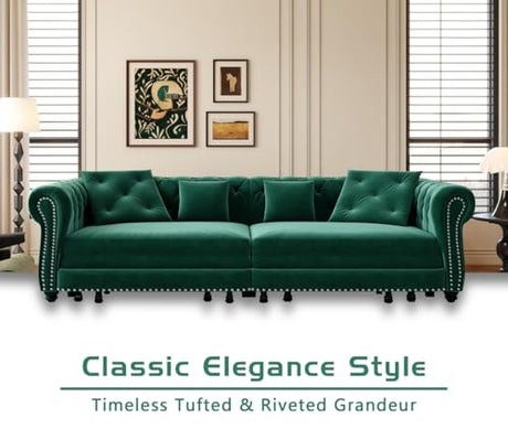 LuxyHoom 89" King Pull Out Sofa Bed, Velvet Chesterfield Sleeper Sofa Couch, 3 in 1 Convertible Tufted Futon Couches with Ottoman for Living Room, Small Space, Apartment, Office, Bedroom, Green LuxyHoom
