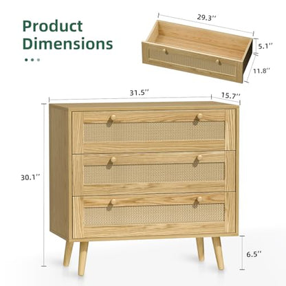 infurnic 3 Drawer Rattan Dresser for Bedroom, Modern Wooden Dresser Chest with Handles for Bedroom, Hallway and Living Room, Wood Oak - WoodArtSupply