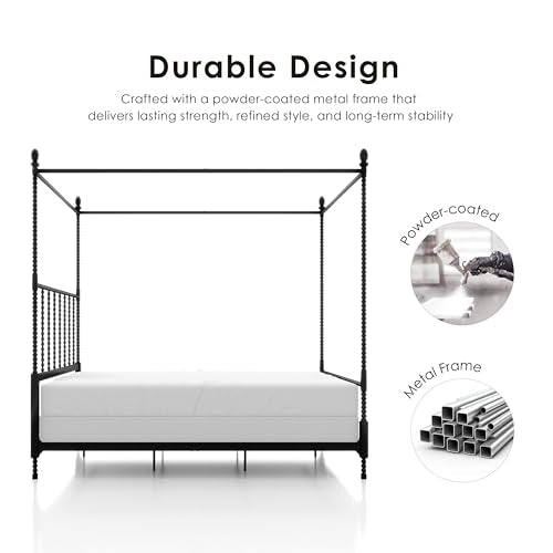 Furniture of America Vaeli Modern Metal King Size Four Poster Bed Frame with Spindles, Canopy Bedframe for Bedroom, Guest Room, Box Spring Required, Black