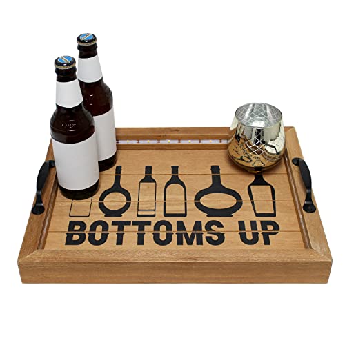 Elegant Designs HG2032-NBU Salento Farmhouse Rectangle Decorative LED Light Up Wooden Serving Tray w Black Metal Handles & Bottoms Up in Black for Décor, Centerpiece, Breakfast, Coffee,Bar, Natural Elegant Designs