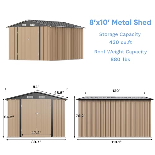 Greesum 8×10FT Outdoor Storage Shed, Metal Patio Storaged Sheds with Lockable Doors, Sheds & Outdoor Storage for Bike, Backyard, Pool and Garden, Brown Greesum
