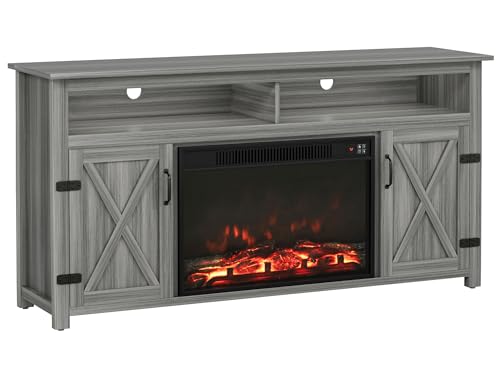 YESHOMY Fireplace TV Stand for Television up to 65+ Inch with Storage and Farmhouse Barn Doors, Entertainment Center with Cabinet and Shelves, Media Console for Living Room, Gray Wash