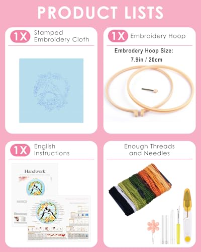 TINDTOP Embroidery Kit for Beginners Adult, Bird Embroidery Kit for Beginners Include Embroidery Cloth Hoops Threads for Craft Lover Hand Stitch with Embroidery Skill Techniques TINDTOP