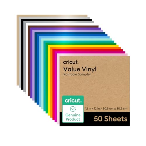 Cricut Value Permanent Vinyl - 50ft Rainbow Sampler, 12in x 12in Sheets (50 Count) Cricut