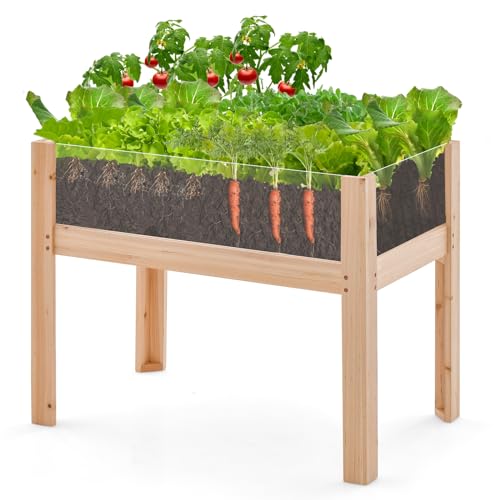 Giantex Raised Garden Bed, Elevated Wood Planter Box with Legs, Drainage Holes, Acrylic Panels, Standing Raised Beds for Fruits Vegetables Flowers Herbs, 30”x18”x24”