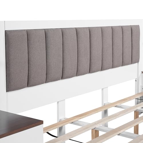 Merax King Size Bed Frame with 2 Nightstands and 2 Floating Shelves, Contemporary Platform Bed with Brown Polyester Upholstered Headboard, Middle Legs Support, No Box Spring Needed Merax