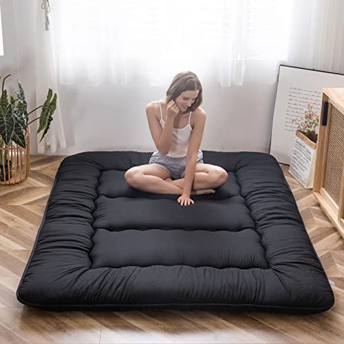 MAXYOYO Japanese Floor Mattress Futon Mattress, 4" Thicken Tatami Mat Sleeping Pad Foldable Roll Up Mat Boys Girls Dormitory Pad Kids Floor Lounger Pillow Bed, Black, Queen MAXYOYO