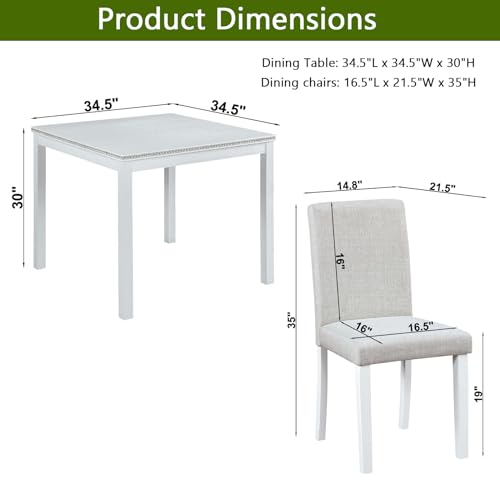 LUMISOL Dining Table Set for 4, 5-Piece Solid Wood Kitchen Table Set with 4 Upholstered Chairs for Kitchen, Dining Room, Home Bar, White LUMISOL