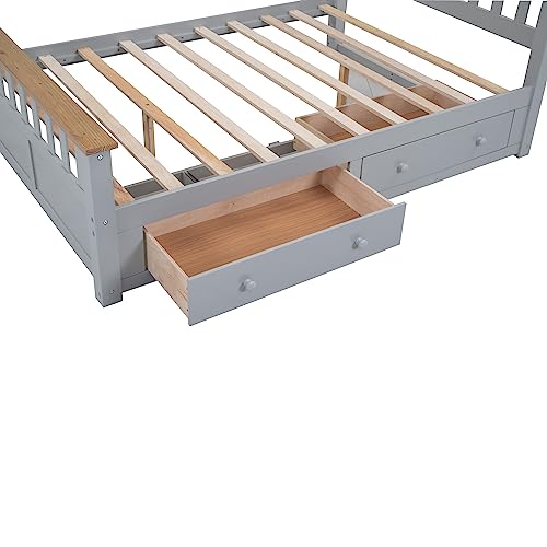 Harper & Bright Designs Full Bed with 2 Storage Drawers, Solid Wood Full Size Platform Bed with Headboard and Footboard, Full Size Bed Frame for