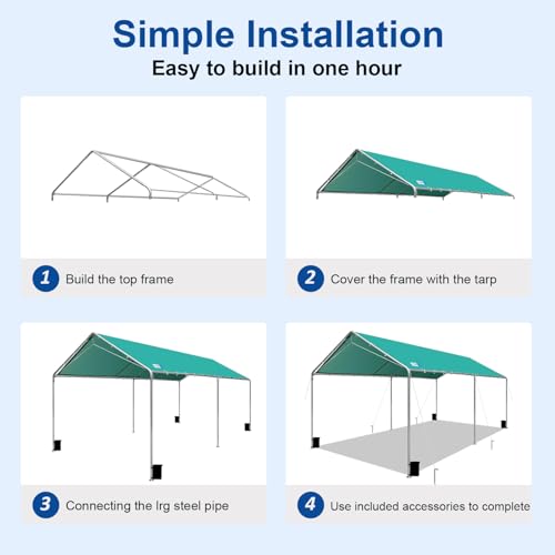 Carport Canopy 10'x20' Heavy Duty Carport, Waterproof & UV Protected Garage Top Tarp Shelter Cover with Reinforced Steel Cables, Outdoor Portable Garage for Car, Boat Tent, Green - WoodArtSupply