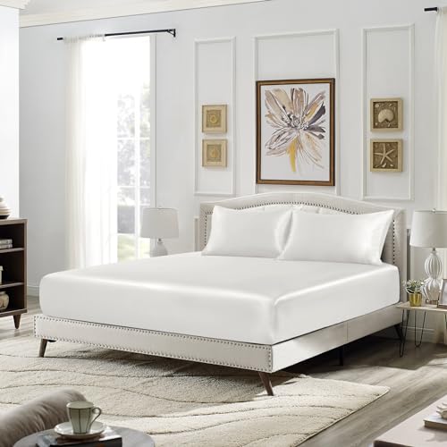 SiinvdaBZX 3-Piece Set Satin Twin Fitted Sheet & 2 Pillowcase, Ivory White Silky Soft Fitted Bottom Sheet, Wrinkle Free, Fade Resistant, Deep Pocket Bed Sheet (Deep Up to 15") SiinvdaBZX